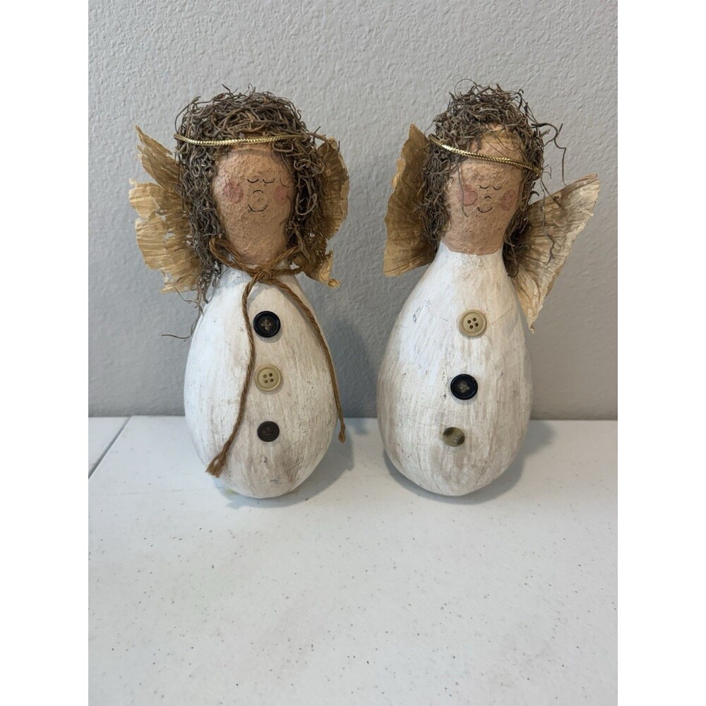 Primitive Paper Mache Angel Figurines Set of 2 Rustic Farmhouse Christmas Decor